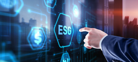 Businessman clicks ESG Environmental Social Governance sustainable development and investmentの写真素材