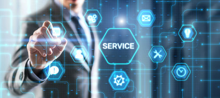Businessman presses a button Service. Technical Support Customer Business Technology Internet Conceptの写真素材