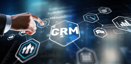 Customer relationship management system concept. Businessman touching finger CRMの写真素材
