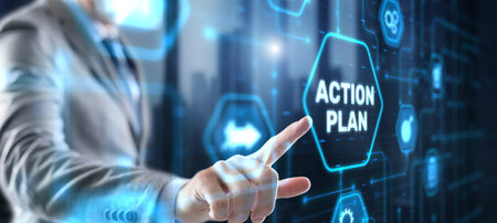 Businessman clicks action plan. Algorithm and strategy development businessの写真素材
