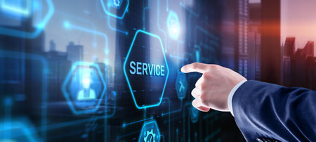 Businessman presses a button Service. Technical Support Customer Business Technology Internet Conceptの写真素材