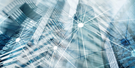 Network lines against the backdrop of cities. Telecommunications concept. Network spaceの写真素材