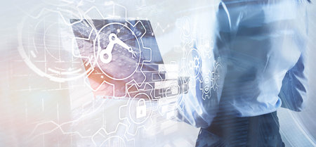 Gear icons on city background. RPA Robotic Process Automationの写真素材