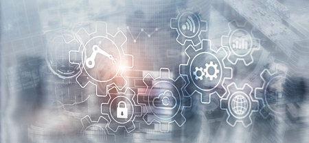 Gear icons on city background. RPA Robotic Process Automationの写真素材