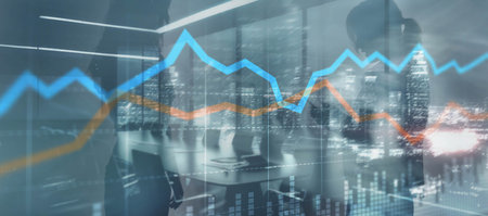 Universal Financial stock trading graph chart diagram business finance concept double exposure mixed mediaの写真素材