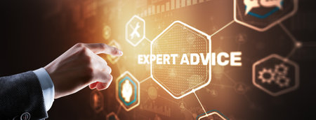 Businessman touching finger on the virtual screen and selecting Expert adviceの写真素材