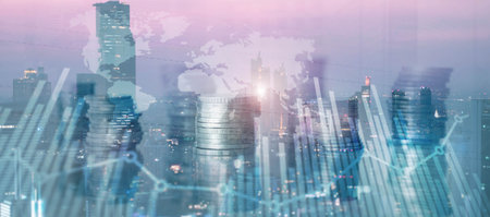Stock market growth charts with blurred background. Mixed Mediaの写真素材