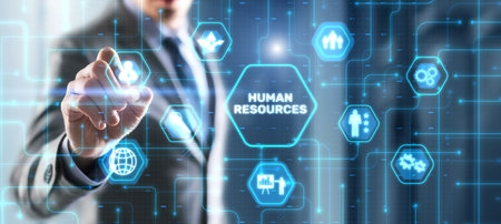 Human Resources HR management Recruitment Concept. Businessman clicks icon.の写真素材