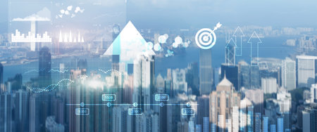 Modern abstract Blurred modern economic growth. Arrows up on city background.の写真素材