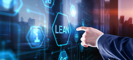 Lean manufacturing. Quality and standardization. Icon on Virtual screen.の写真素材