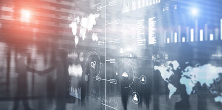 Business intelligence performance indicator KPI Analysis dashboard transparent blurred abstract background.の写真素材