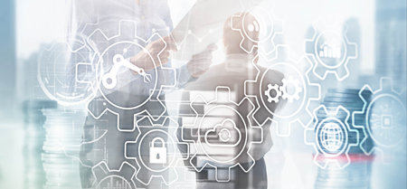 Gear icons on city background. RPA Robotic Process Automation.の写真素材