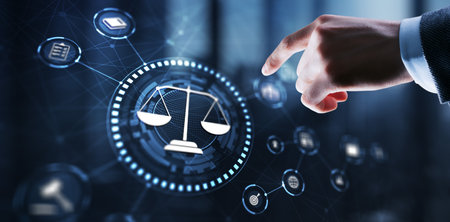 Justice and law concept. Icon Law on virtual screen. Blurred background.の写真素材