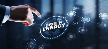 Businessman clicks Green eco energy icons. Reducing environmental risks.の写真素材