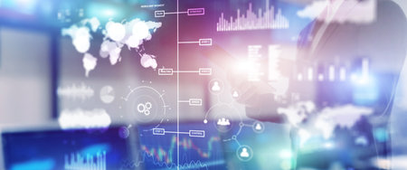 Business dashboard with key performance indicators on a virtual screen city interface.の写真素材