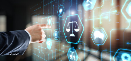 Justice and law concept. Icon Law on virtual screen. Blurred background.の写真素材