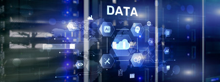 Cloud server and computing, data storage and processing on server background.の写真素材