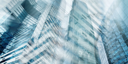 Abstract industrial Business process organization structure. against the backdrop of a modern city.の写真素材