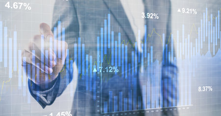 Stock chart wit blue bars, reflecting market trends on grid background.の写真素材
