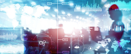 Business dashboard with key performance indicators on a virtual screen city interface.の写真素材