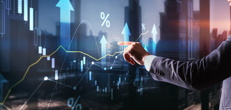Growing charts against the backdrop of the city. Business chart and reflection buildings.の写真素材