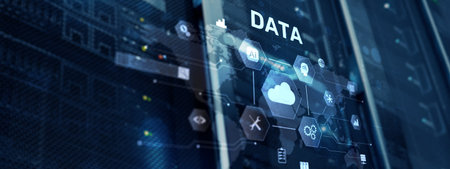 Cloud server and computing, data storage and processing on server background.