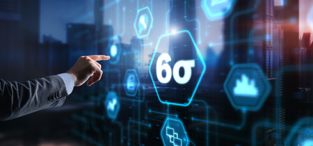 Business man pointing six sigma to control products quality process.の写真素材