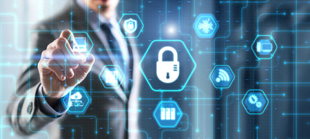 Lock Cyber Security on Virtual Screen Data Protection Technology Privacy concept.の写真素材