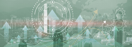Business process automation concept. Gears and icons on abstract city background.の写真素材