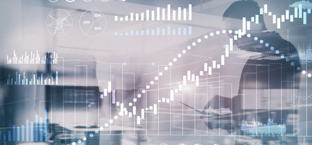 Financial histograms against the backdrop of offices. 2025 Finance background.の写真素材