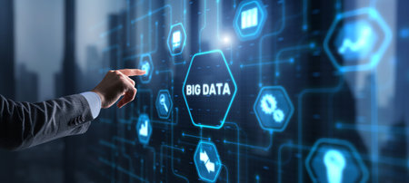Businessman clicks Big data world and globe icon modern interface.の写真素材