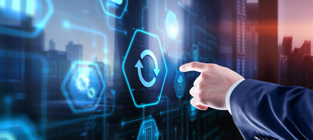 Businessman touching icon Update software application. Hardware upgrade technology concept.