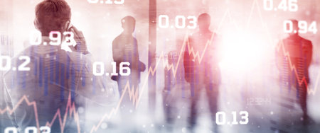 Business infographics on abstract city background. Histograms and lines with percentages icons.の写真素材