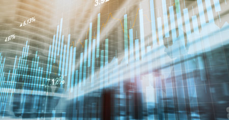 Stock chart wit blue bars, reflecting market trends on grid background.の写真素材