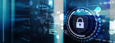 Cyber protection shield icon on server room background. Information Security 2025.の写真素材