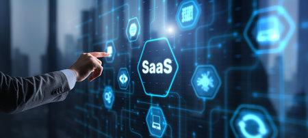 SaaS software as a service concept with hand pressing a button.の写真素材
