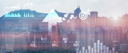 Modern abstract Blurred modern economic growth. Arrows up on city background.の写真素材