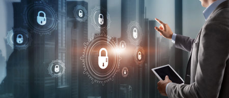 Cyber Security. Gears on a Virtual Screen. Data Protection Technology.の写真素材
