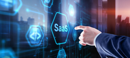 SaaS software as a service concept with hand pressing a button.の写真素材