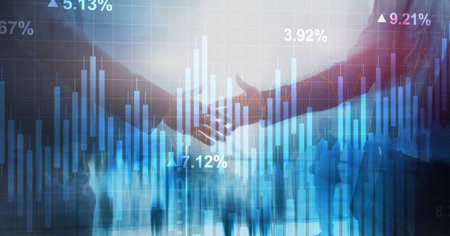 Stock chart wit blue bars, reflecting market trends on grid background.の写真素材