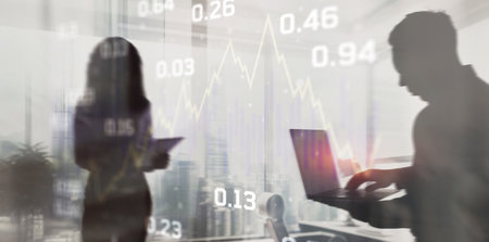 Double exposure of abstract financial graph on office buildings background traders concept.の写真素材