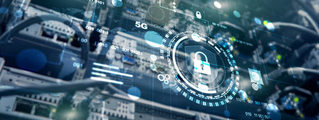 Cyber protection shield icon on server room background. Information Security 2025.の写真素材