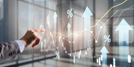 Growing charts against the backdrop of the city. Business chart and reflection buildings.の写真素材