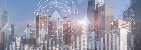 Business process automation concept. Gears and icons on abstract city background.の写真素材