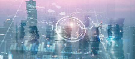Business intelligence control interface marketing finance management. Silhouettes in the background.の写真素材