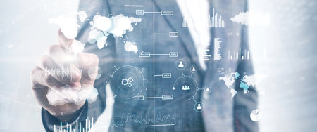 Business dashboard with key performance indicators on a virtual screen city interface.の写真素材