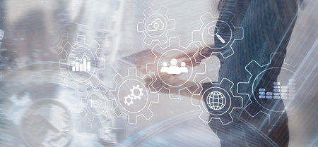 Automation of business. Gears icon on network connection.の写真素材