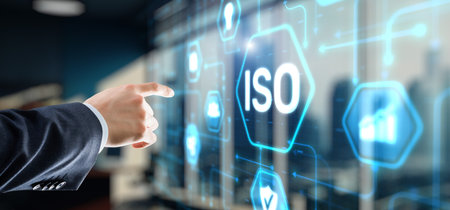 ISO Standard certification standardization quality control concept on virtual screen.の写真素材