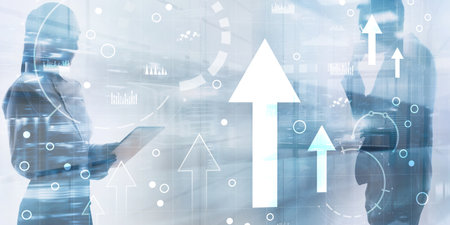 Business intelligence dashboard and arrows up, key performance indicators on a virtual screen computer interface.の写真素材