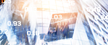 Business infographics on abstract city background. Histograms and lines with percentages icons.の写真素材